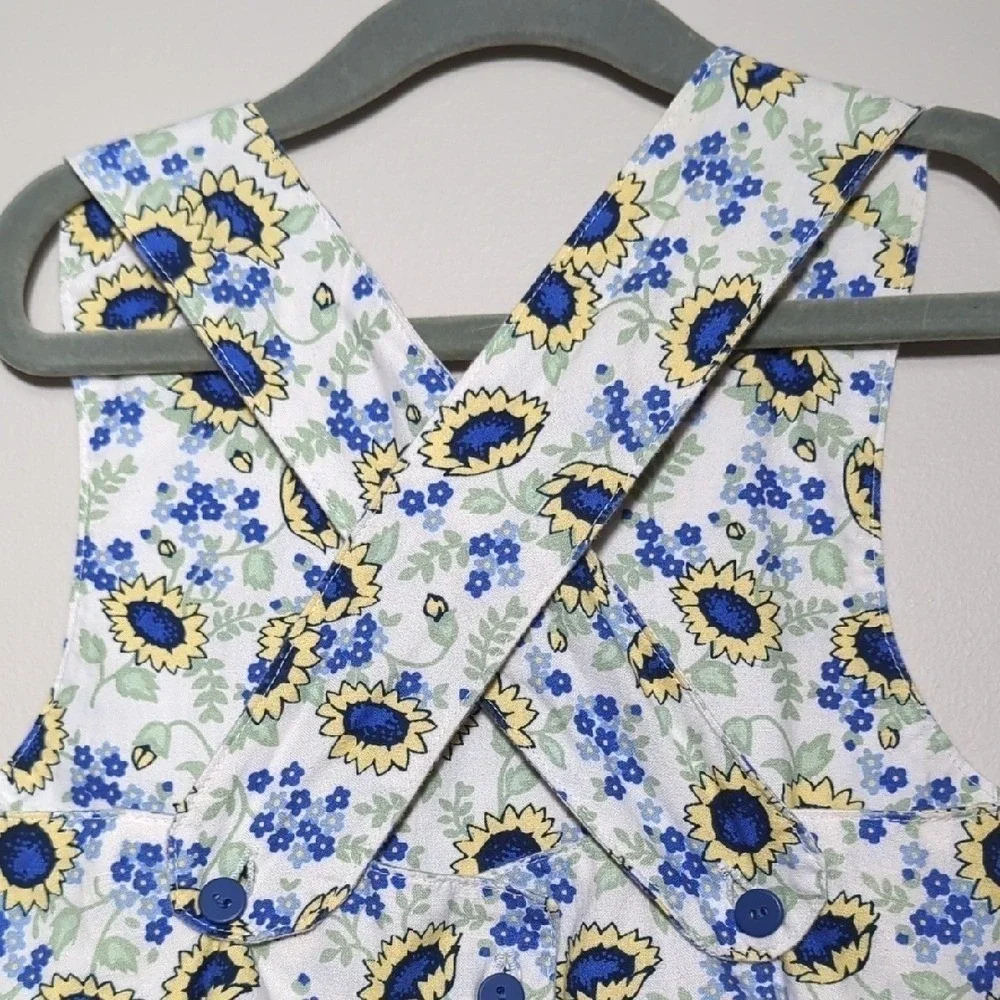 Vtg 90s OshKosh Girls 4T Blue Yellow Sunflower Cotton‎ Dress Jumper HTF! RARE!
